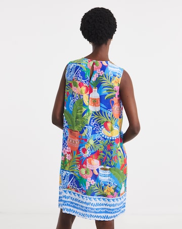 Border Print Linen Sleeveless Shift Dress