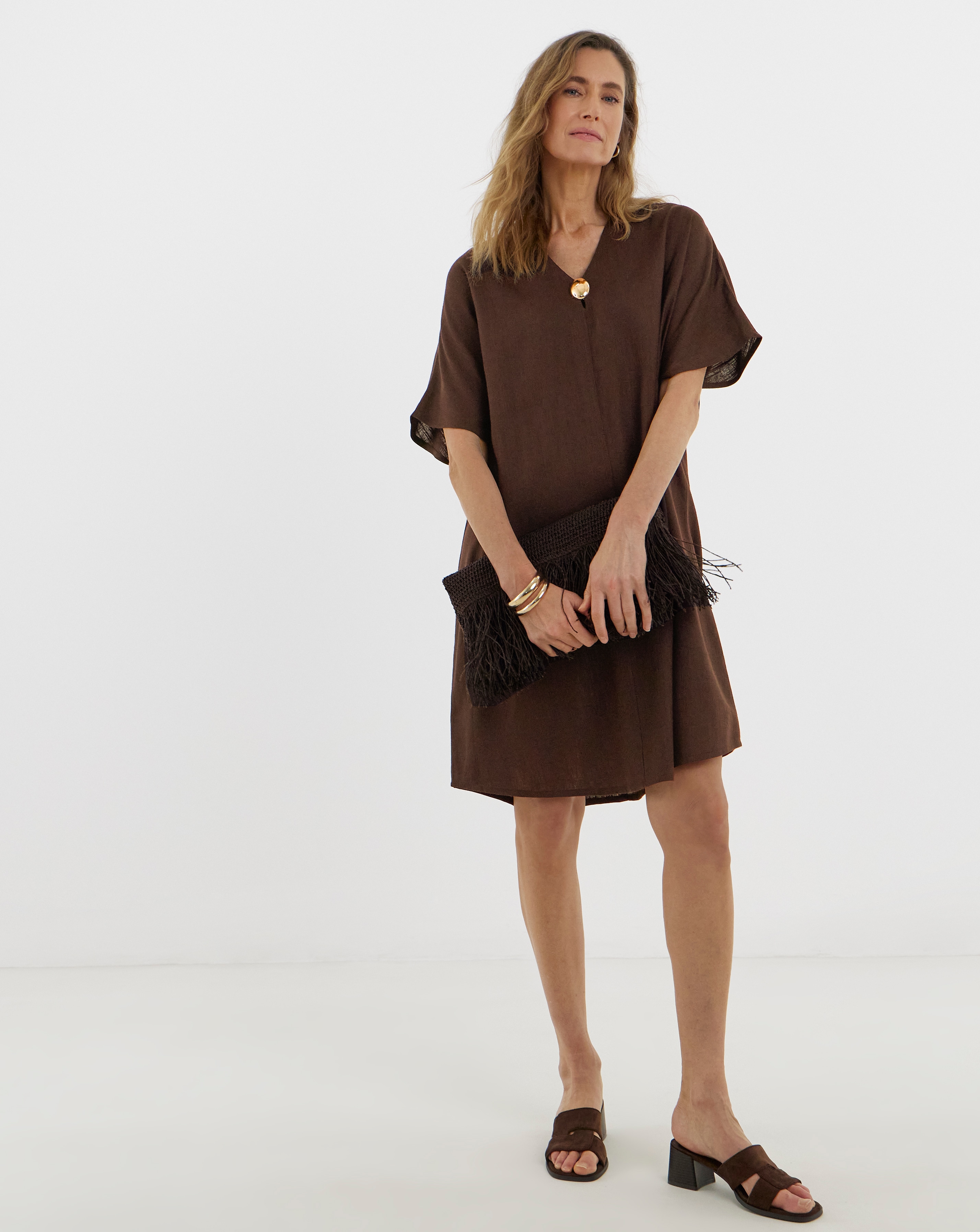 Linen Metal Trim Tunic Dress