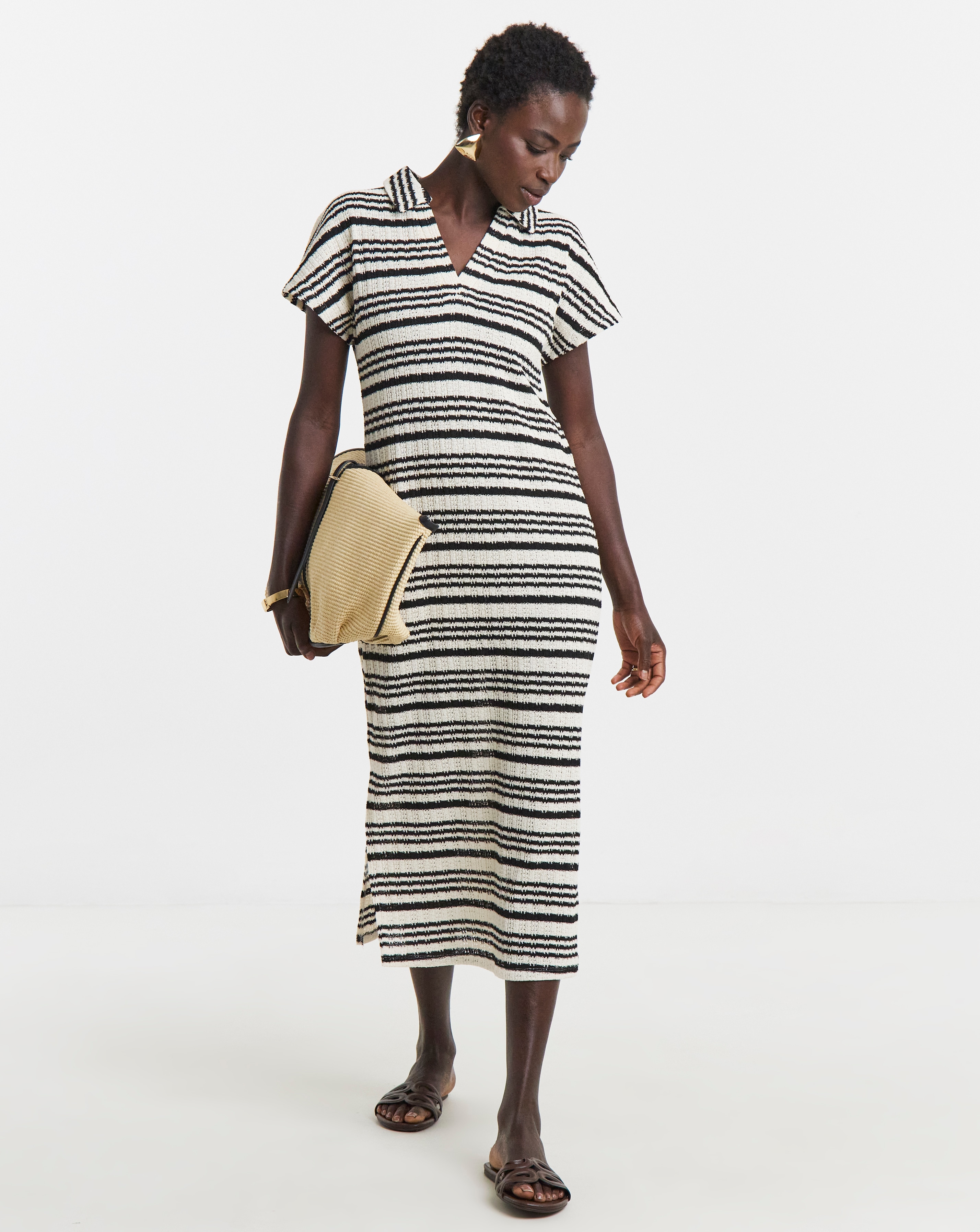 New In - Stripe Crochet Collared T-Shirt Dress