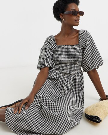 Check Shirred Drop Waist Dress