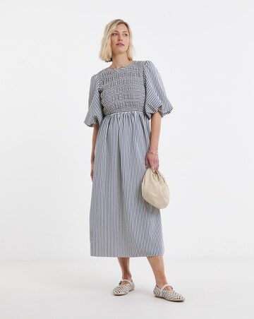 Blue Stripe Shirred Puff Sleeve Dress