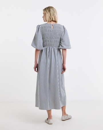 Blue Stripe Shirred Puff Sleeve Dress