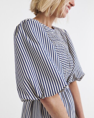 Blue Stripe Shirred Puff Sleeve Dress