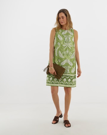 Border Print Linen Sleeveless Shift Dress