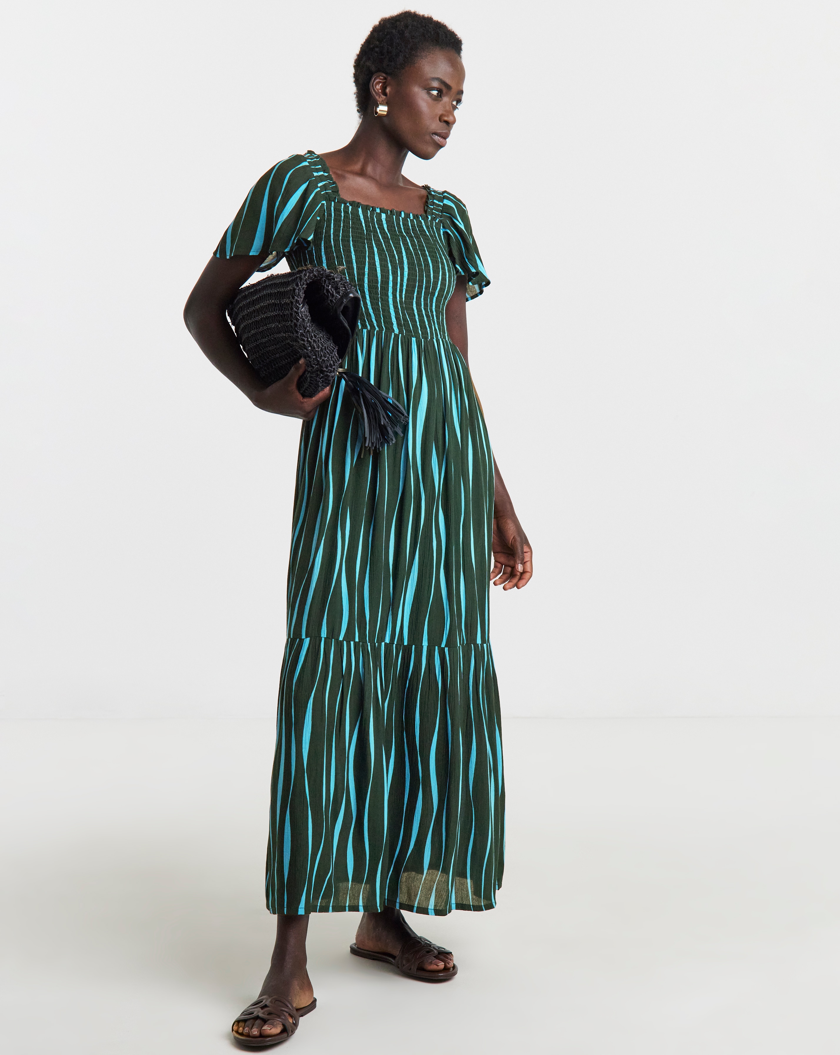New In - Printed Shirred Flutter Sleeve Dress