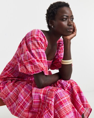 Check Shirred Smock Dress