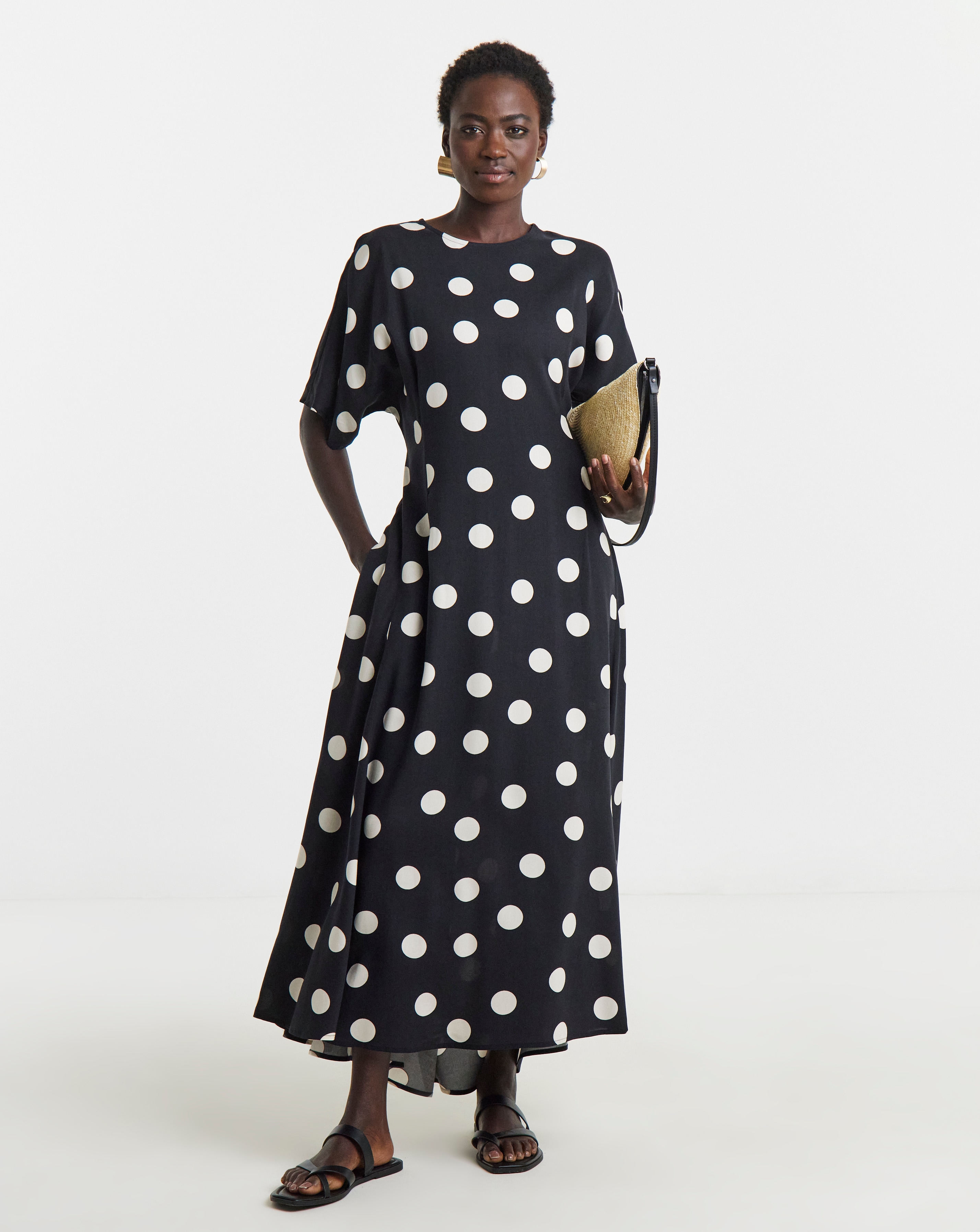 Mono Spot Print Cinched Waist Dress