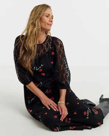 Conversation Print Lace Panel Tea Dress
