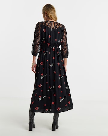 Conversation Print Lace Panel Tea Dress