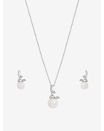 Jon Richard Rhodium Plated Crystal Leaf and Pearl Drop Set - Gift Box