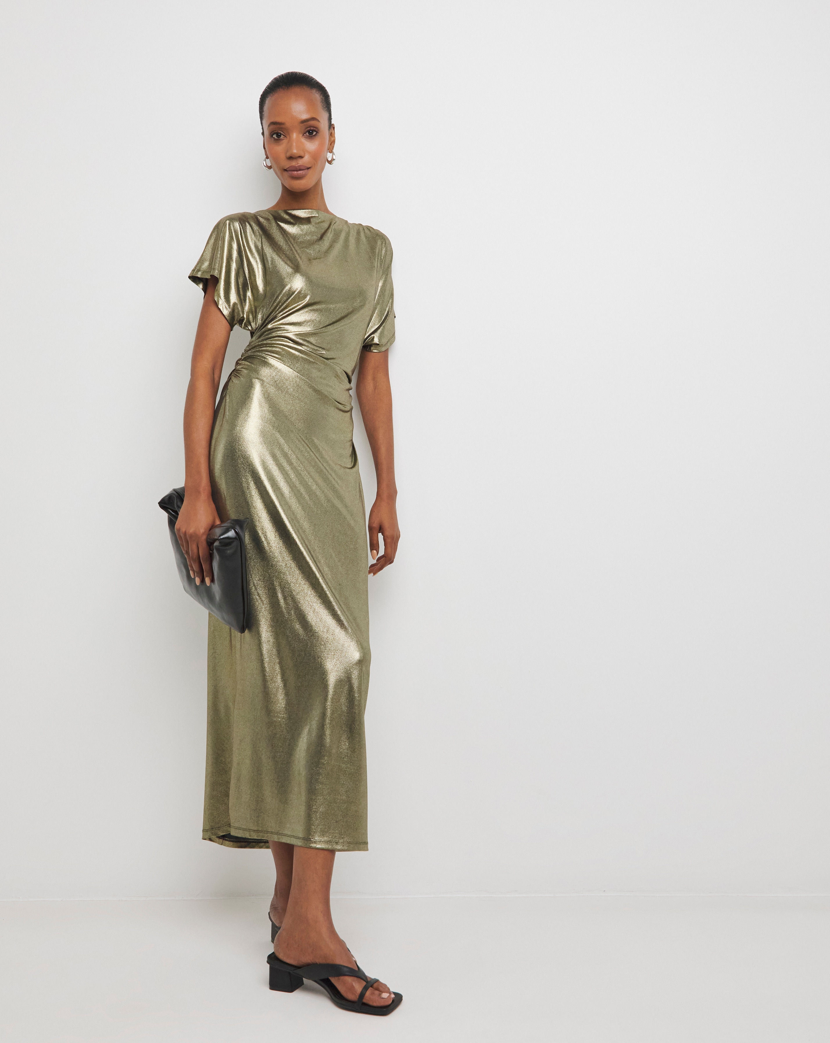 New In - Metallic Ruched Midi Dress