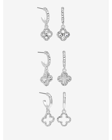 Mood Silver Crystal & Pave Clover Huggie Earrings - Pack of 3