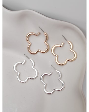 Mood Silver & Gold Polished Open Clover Hoop Earrings - Pack of 2