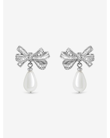 Jon Richard Rhodium Plated Cubic Zirconia Bow and Pearl Earrings