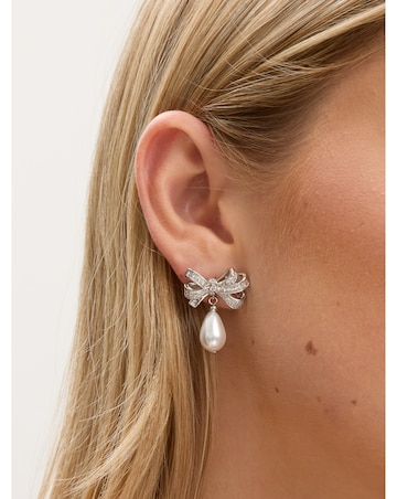 Jon Richard Rhodium Plated Cubic Zirconia Bow and Pearl Earrings