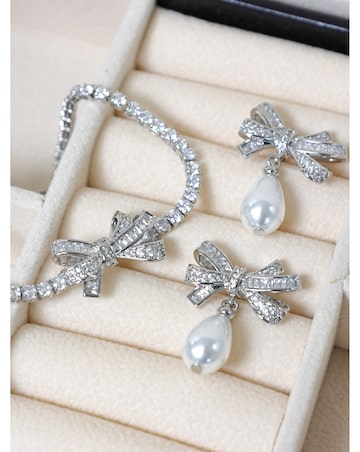 Jon Richard Rhodium Plated Cubic Zirconia Bow and Pearl Earrings