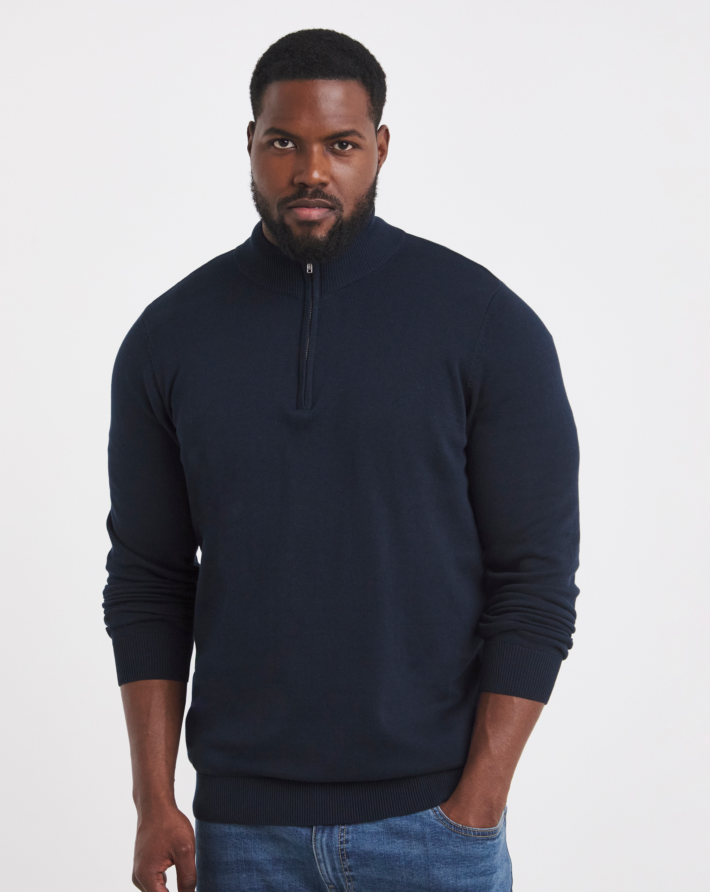 Dark Navy Cotton 1/4 Zip Funnel Knit Top