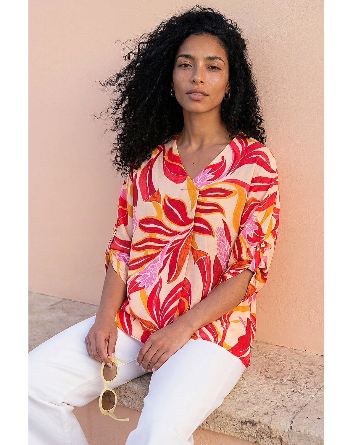 New In - Roman Leaf Print V-Neck Pleat Front Top