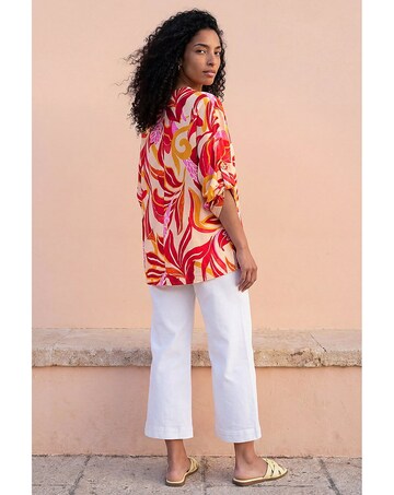 Roman Leaf Print V-Neck Pleat Front Top