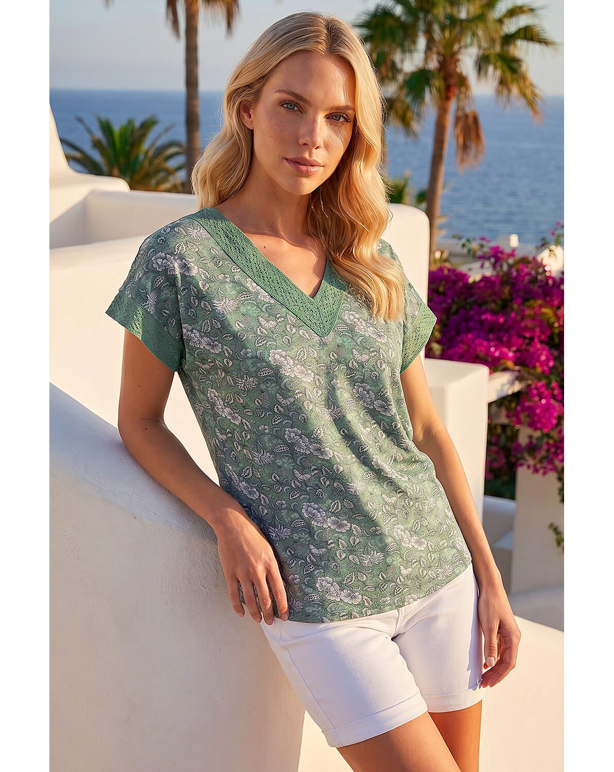 New In - Roman Petite Lace Trim V-Neck Top