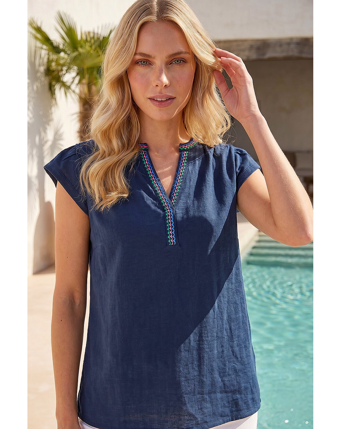 New In - Roman Petite Cotton Embroidered V-Neck