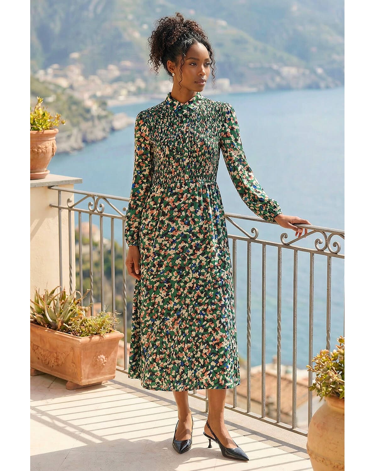New In - Roman Speckled Print Shirred Midi Dress