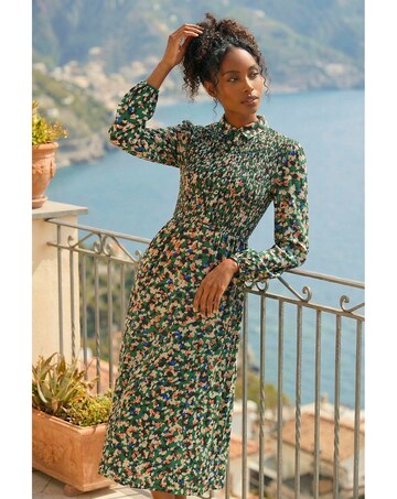 Roman Speckled Print Shirred Midi Dress