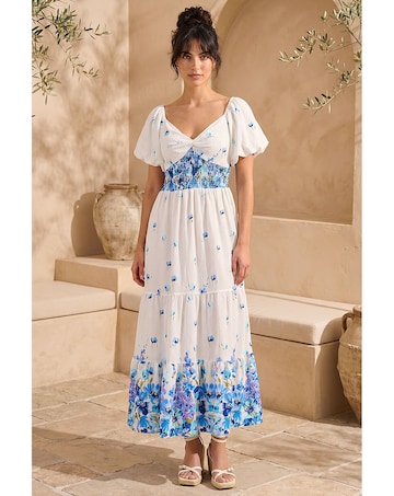 Roman Dusk Floral Puff Sleeve Midi Dress