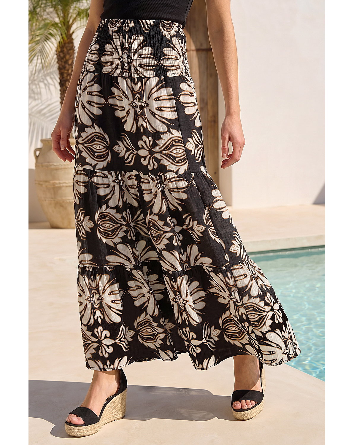 New In - Roman Printed Tiered Shirred Maxi Skirt