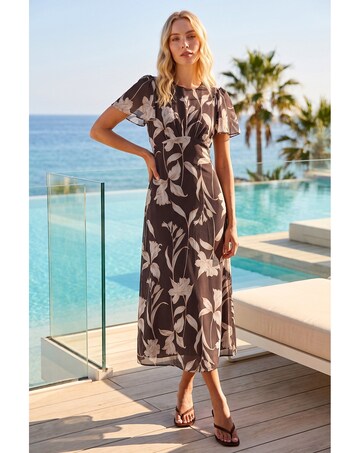 Roman Floral Flutter Sleeve Midi Dress