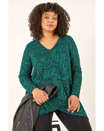 Roman Curve Paisley V-Neck Stretch Top