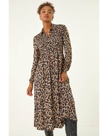 Roman Animal Print Shirred Midi Dress