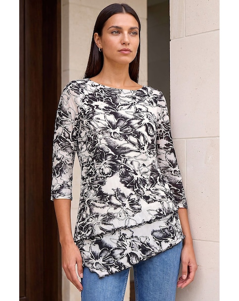 Roman Flock Floral Asymmetric Hem Top