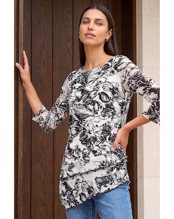 Roman Flock Floral Asymmetric Hem Top