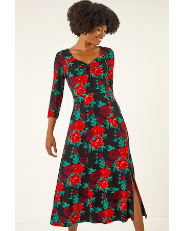 Roman Rose Ruched Midi Dress