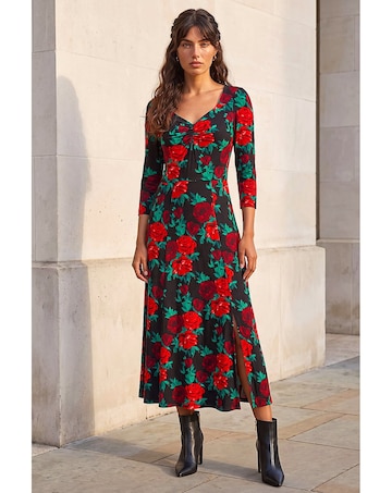 Roman Rose Ruched Midi Dress
