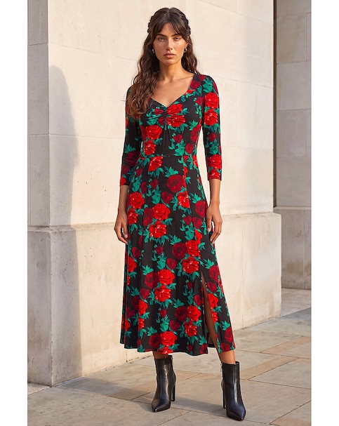 Roman Rose Ruched Midi Dress