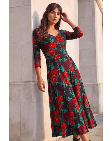 Roman Rose Ruched Midi Dress