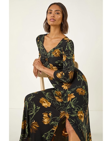 Roman Floral Ruched Stretch Midi Dress