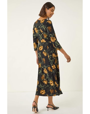 Roman Floral Ruched Stretch Midi Dress