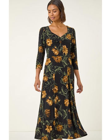 Roman Floral Ruched Stretch Midi Dress