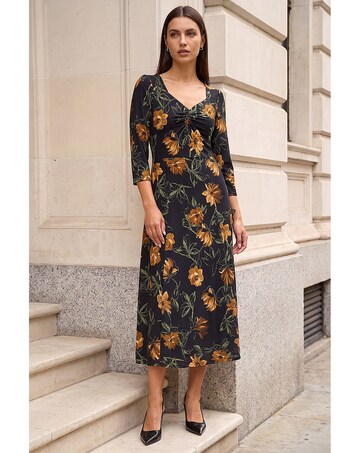 Roman Floral Ruched Stretch Midi Dress