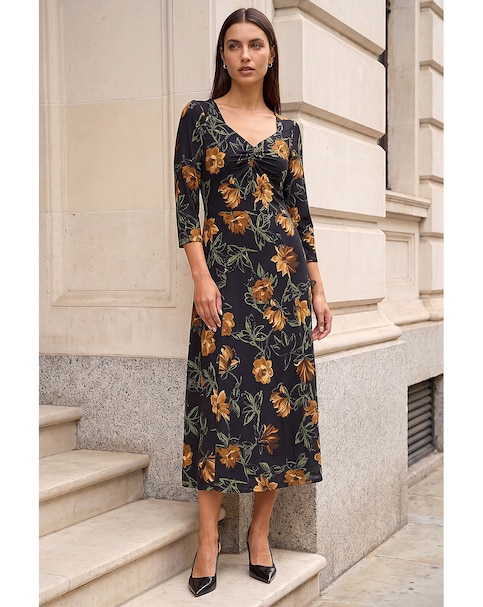 Roman Floral Ruched Stretch Midi Dress
