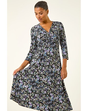 Roman Floral Twisted Front Midi Dress