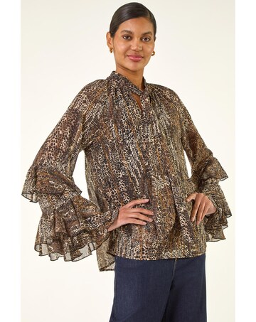 Roman Animal Print Tie Front Flared Top