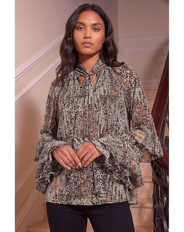 Roman Animal Print Tie Front Flared Top