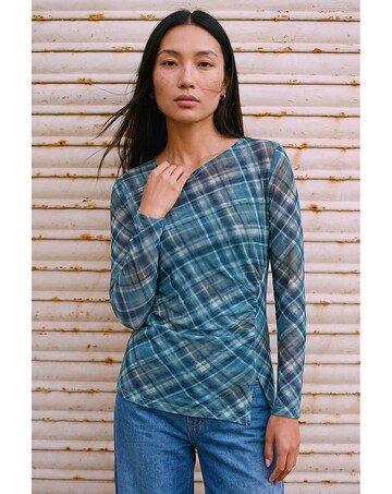 Roman Check Mesh Print Gathered Top