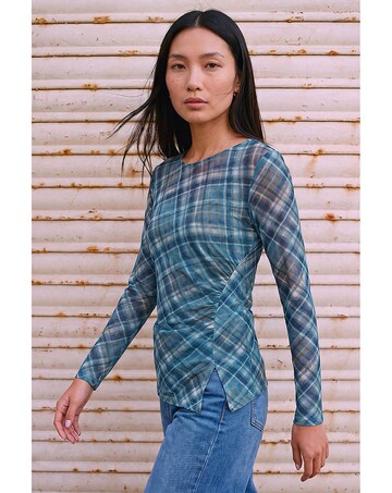 Roman Check Mesh Print Gathered Top