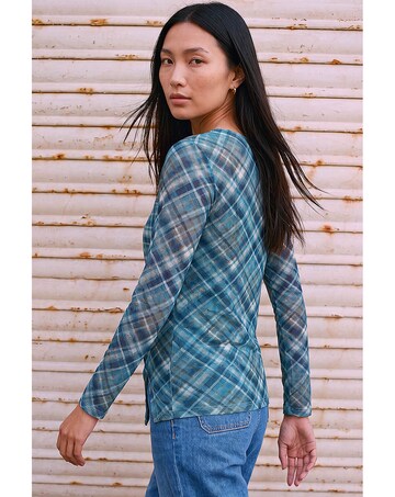 Roman Check Mesh Print Gathered Top