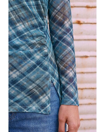 Roman Check Mesh Print Gathered Top